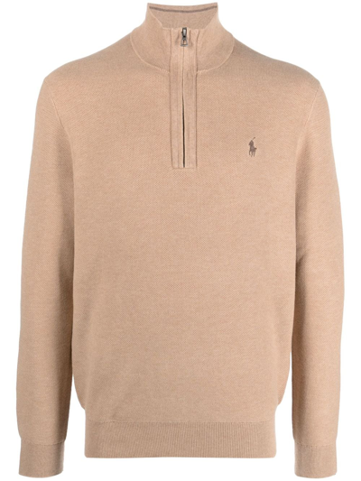 Polo Ralph Lauren Piqué-wave High-neck Sweatshirt In Brown