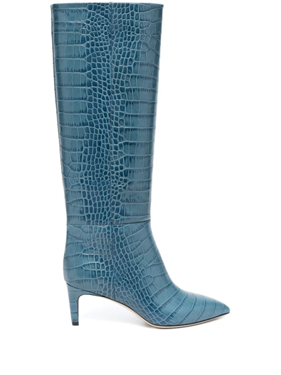 Paris Texas Pointed-toe 60mm Crocodile-effect Leather Boots In Blue