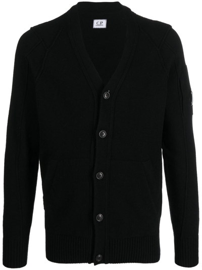 C.p. Company V-neck Logo-patch Cardigan In Black