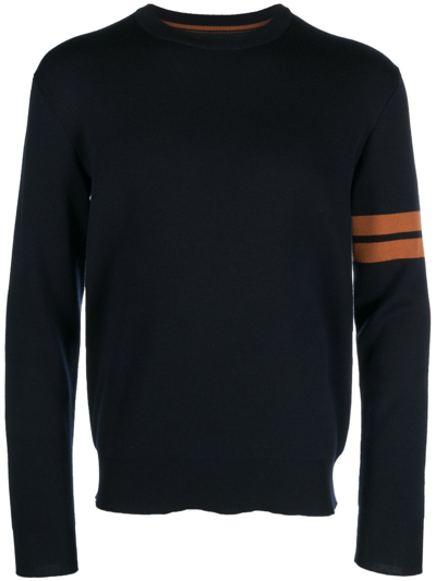 Zegna Stripe-detail Crew-neck Wool Jumper In Blue