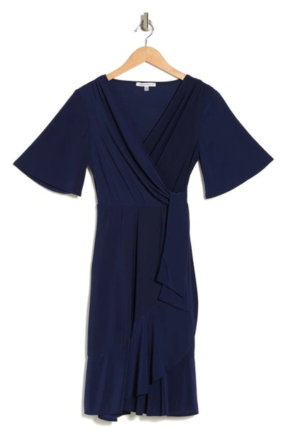 Tash And Sophie Flounce Faux Wrap Dress In Navy