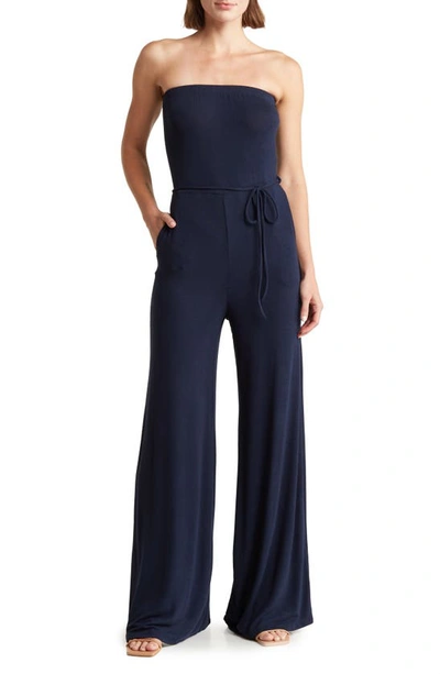 Go Couture Ribbed Strapless Tube Jumpsuit In Dark Navy