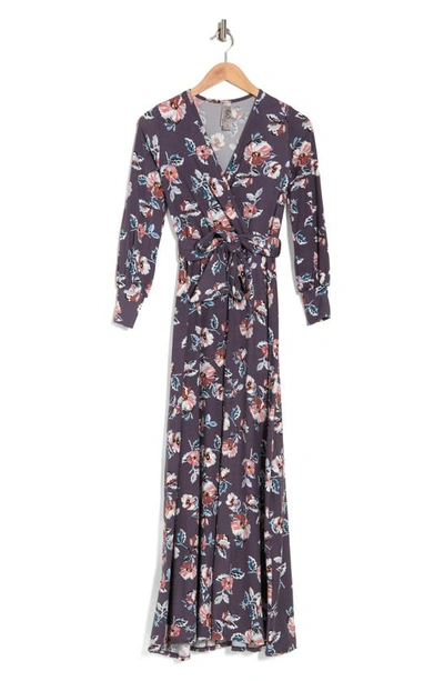 Go Couture Bishop Long Sleeve Faux Wrap Dress In Charcoal Floral