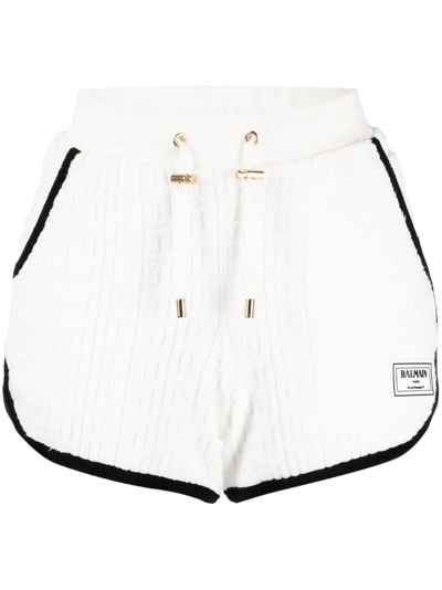 Balmain Monogram-motif Towel-finish Shorts In White