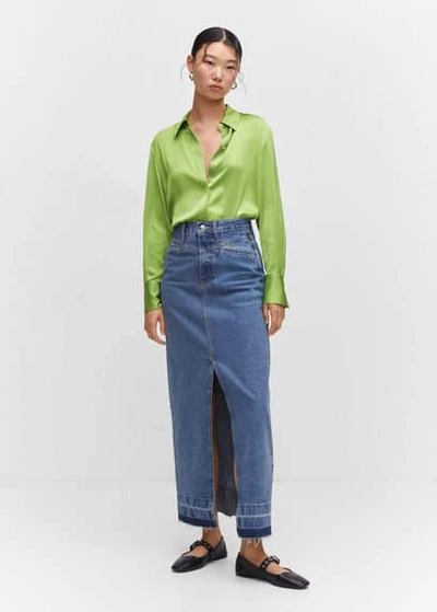 Mango Satin Finish Flowy Shirt Emerald Green