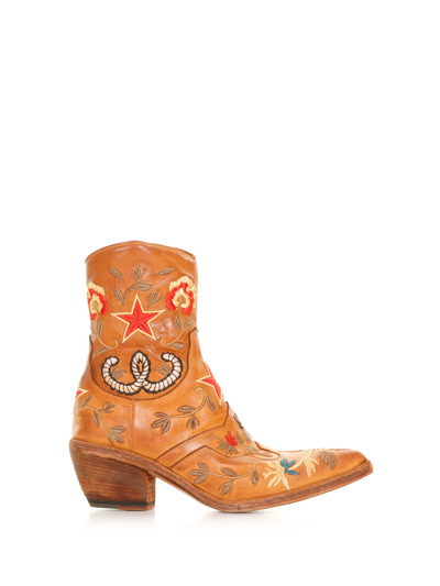 Fauzian Jeunesse Texan Model Ankle Boot With Embroidery In Ignis Cuoio Acc Ricamo 3985