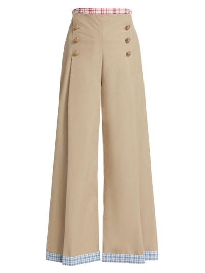 Rosie Assoulin Sailor Gingham-trim Cotton-blend Wide-leg Trousers In Neutral