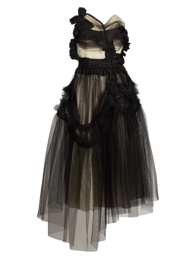 Maison Margiela Flower-applique Ruffle Tulle Strapless Midi Dress In Black