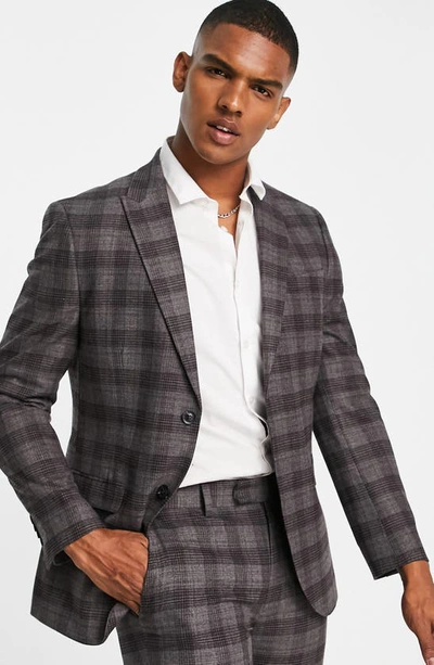 Topman Skinny Two Button Fabric Interest Check Suit Jacket In Brown