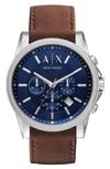 Ax Armani Exchange Chronograph Leather Strap Watch, 45mm In Brown / Blue