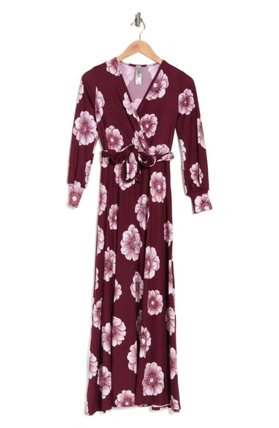 Go Couture Bishop Long Sleeve Faux Wrap Dress In Burgundy Bouquet