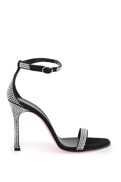 Amina Muaddi Kim Crystal-embellished Suede Sandals In Black/white