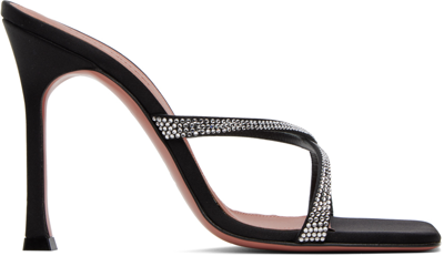 Amina Muaddi Black Adriana Crystal Slipper Heeled Sandals In Satin Black/ White Crystals