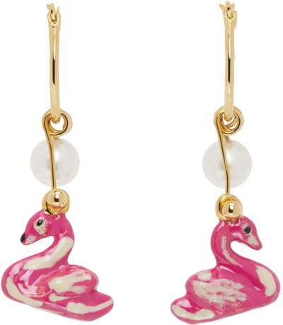 Marni Swan Pendants Embellished Hoop Earrings In Pink