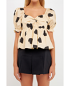 English Factory Heart Shape Puff Sleeve Top In Beige/black