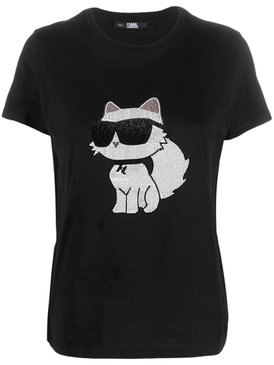 Karl Lagerfeld Ikon Choupette Rhinestone-embellished T-shirt In Black
