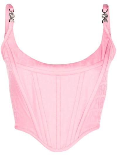 Versace Corseted Wool Bustier Top In Pastel Pink