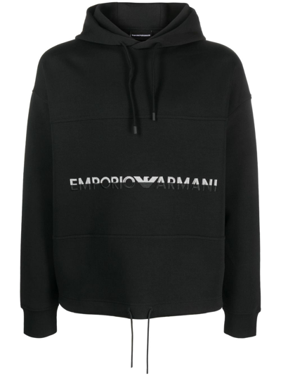 Emporio Armani Embroidered-logo Cotton Hoodie In Black