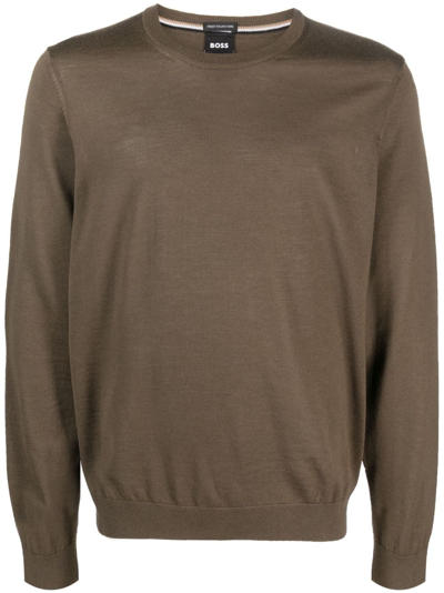 Hugo Boss Round-neck Virgin-wool Jumper In Grün