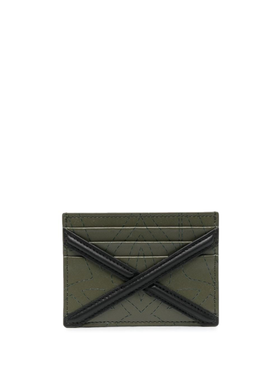 Alexander Mcqueen The Harness Embroidered Leather Cardholder In Khaki