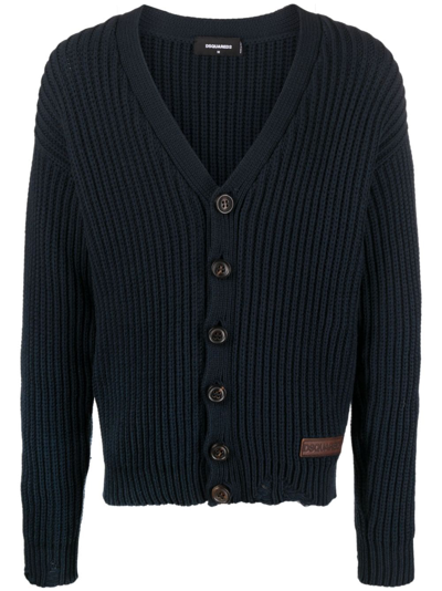 Dsquared2 Broken-stitch V-neck Cardigan In Blau