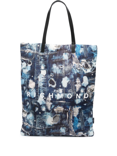 John Richmond Ripped Denim-print Tote Bag In Blue