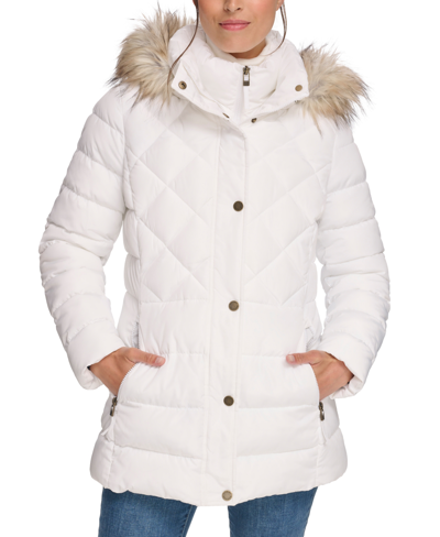 Tommy Hilfiger Women's Petite Bibbed Faux-fur-trim Hooded Puffer Coat, Created For Macy's In White