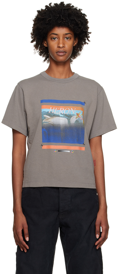Heron Preston Gray Misprinted Heron T-shirt In Grey Navy