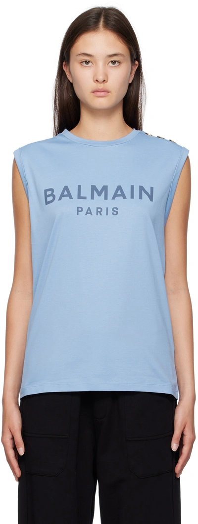 Balmain Button-fastened Tank Top In Bleu Clair Bleu Denim