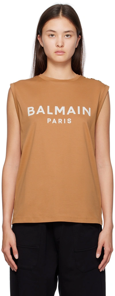 Balmain Logo Printed Sleeveless Tank Top In Brown