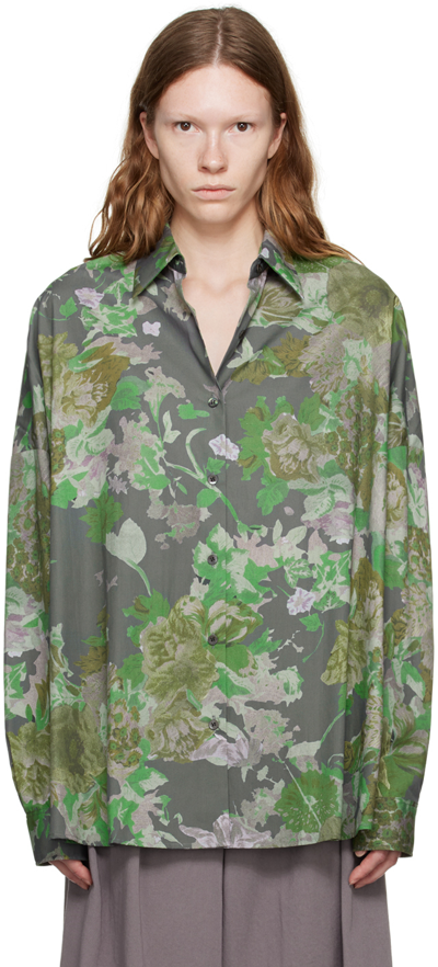 Dries Van Noten Clavelly Painted Floral Cotton Button-front Shirt In Grey