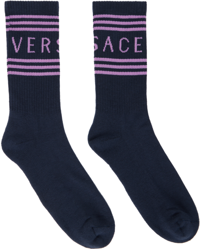 Versace Navy 90s Vintage Logo Socks In 2ud80 Blu Navy+liatr