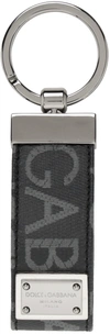 Dolce & Gabbana Coated Canvas Keychain With All-over Lettering Logo In 8b969 Nero/grigio