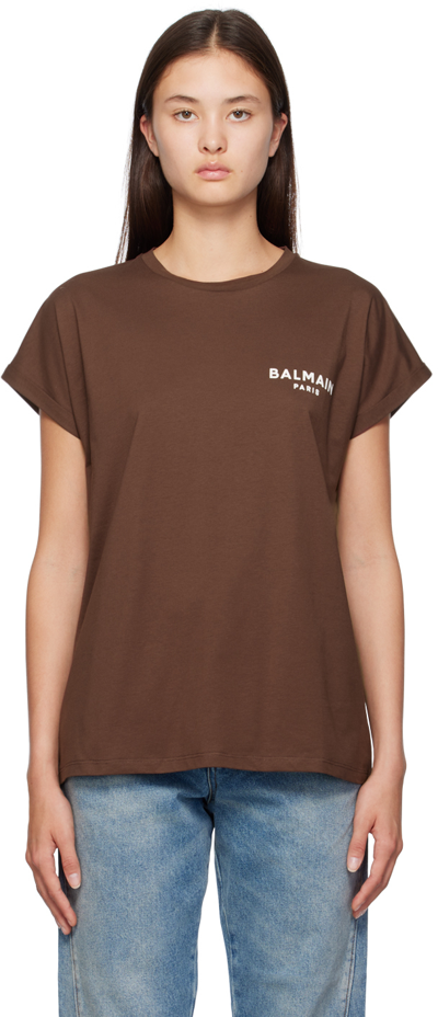 Balmain Brown Flock T-shirt In Wch Marron Chaud/nat
