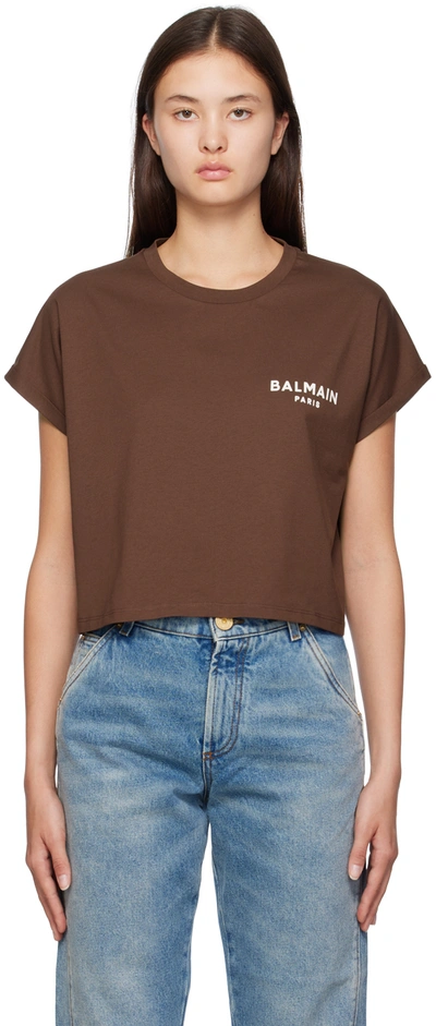 Balmain Logo-print Cropped T-shirt In Brown