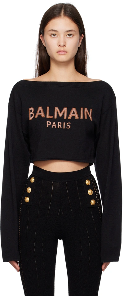 Balmain Black Intarsia Long Sleeve T-shirt In Ehn Noir/camel/nude