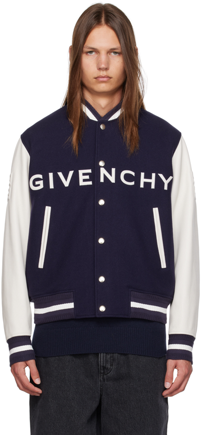 Givenchy Navy Blue And White Bomber Jacket In Wool And Leather
