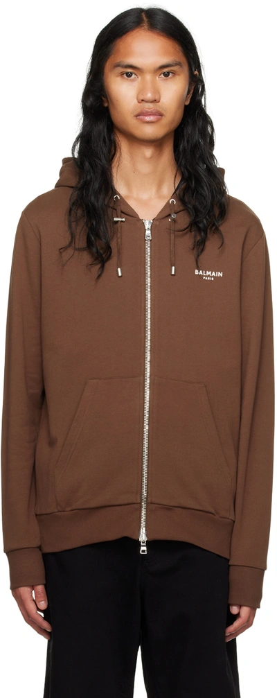 Balmain Brown Flocked Hoodie In Wch Marron Chaud/nat