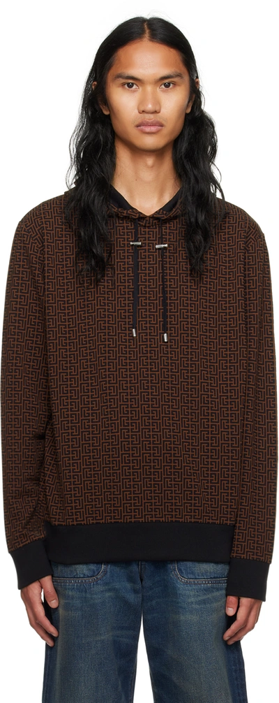 Balmain Brown Monogram Hoodie In Wby Marron Vif/ Noir