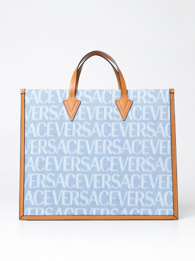 Versace Bag In Printed Denim Allover In Blue