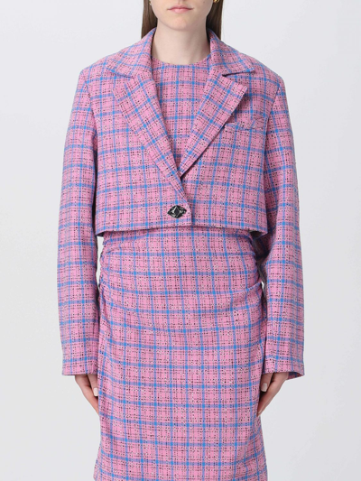 Ganni Long Sleeve Check Suiting Cropped Blazer In Orchid