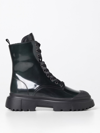Hogan H619 Black Leather Combat Boots In Green