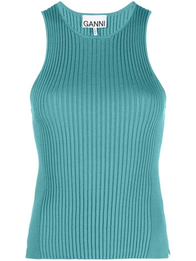 Ganni Sleeveless Blue Sleeveless Melange Top In Green