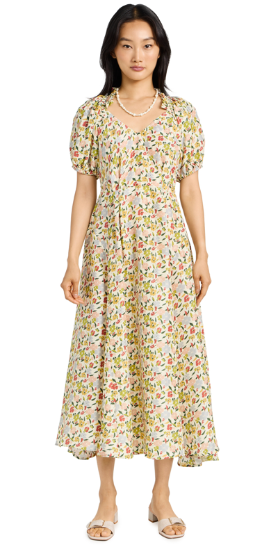 The Great The Hyacinth Floral Puff-sleeve Midi Dress In Yellow