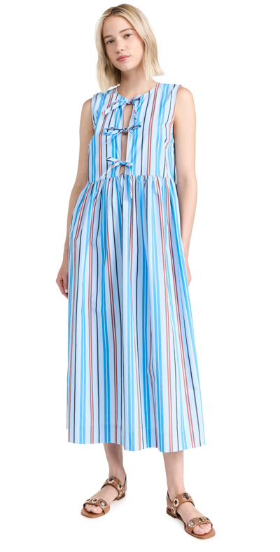 Ganni Stripe Cotton Midi Dress In Brilliant Blue