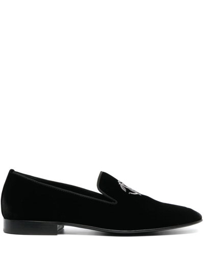 ROBERTO CAVALLI LOGO-EMBROIDERED VELVET LOAFERS