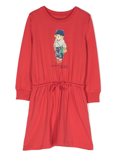 Ralph Lauren Kids' Polo-bear Print Drawstring Short Dress In Red