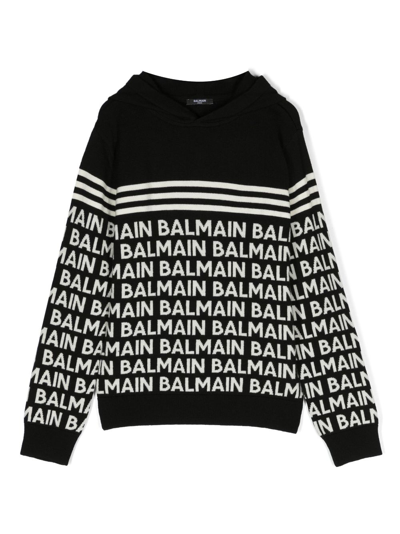 Balmain Kids' Logo-print Virgin Wool Hoodie In Black