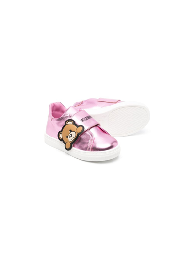 Moschino Babies' Metallic Logo-print Leather Trainers In Pink