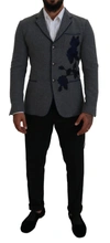 DOLCE & GABBANA DOLCE & GABBANA ELEGANT GRAY WOOL BLAZER WITH BLUE ROSE MEN'S EMBROIDERY